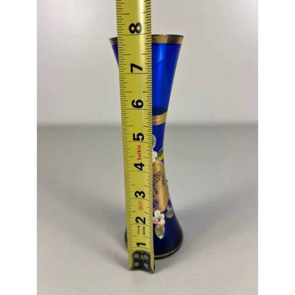 Vintage Cobalt Blue Bohemian Czech Hand Painted Bud Vase  Gold Trimmed ‎ Decor